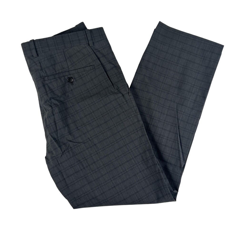 Theory Pants Mens 33x29 Gray Marlo/Comet Plaid Wool Stretch Dress Flat Front